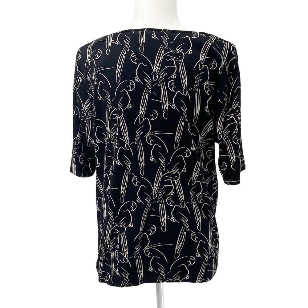 Chico’s Size 2 Large Supima Cotton V-Neck Top Black White Parrot Bird Print - Picture 3 of 10